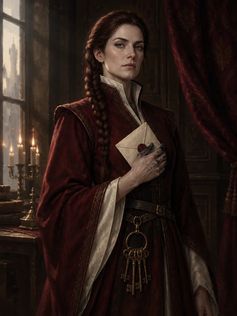 Isolde Arvane dalam jubah sarjana merah anggur berkerah tinggi, memegang surat bersegel di dada, serangkai kunci perunggu tergantung di sabuknya.